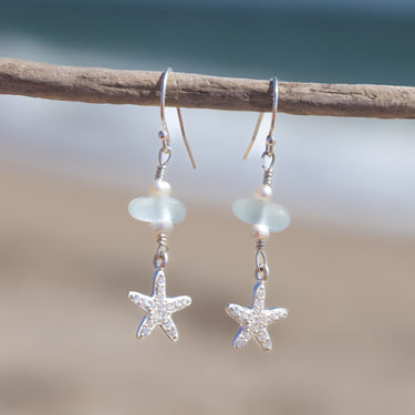 Sterling Silver Dainty Aqua Blue Sea Glass + Mini Baroque Pearl Starfish Earrings
